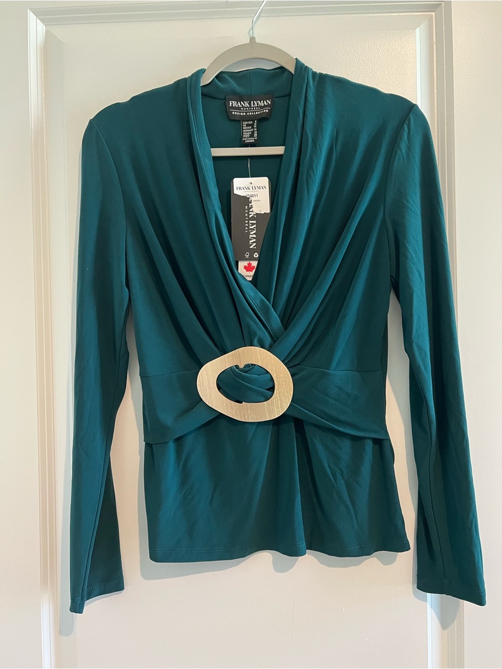 Frank Lyman Design Teal Long-Sleeve Knot-Front Top with Decorative Buckle nwt